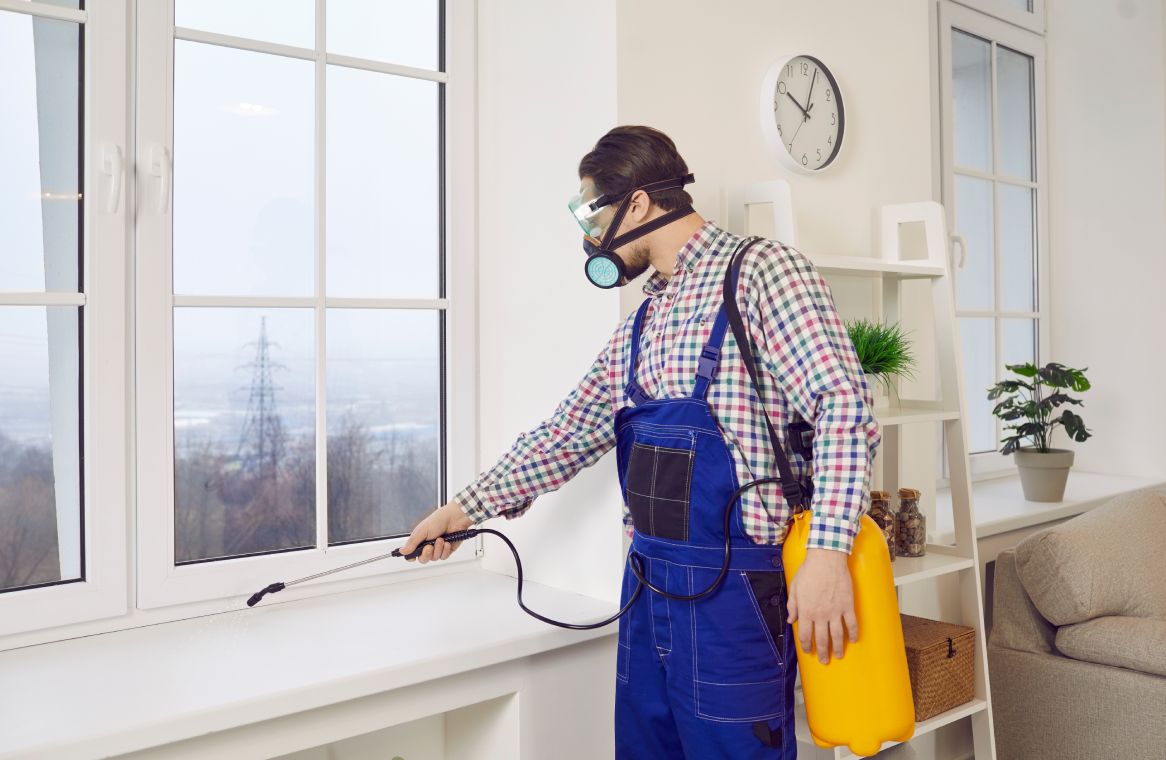 Man wearing overall and pest control equipment cleaning home interior surfaces